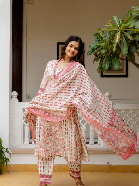 EthniFlair Ethnic Motifs Printed Empire Aari Work Kurta with Patiala & Dupatta