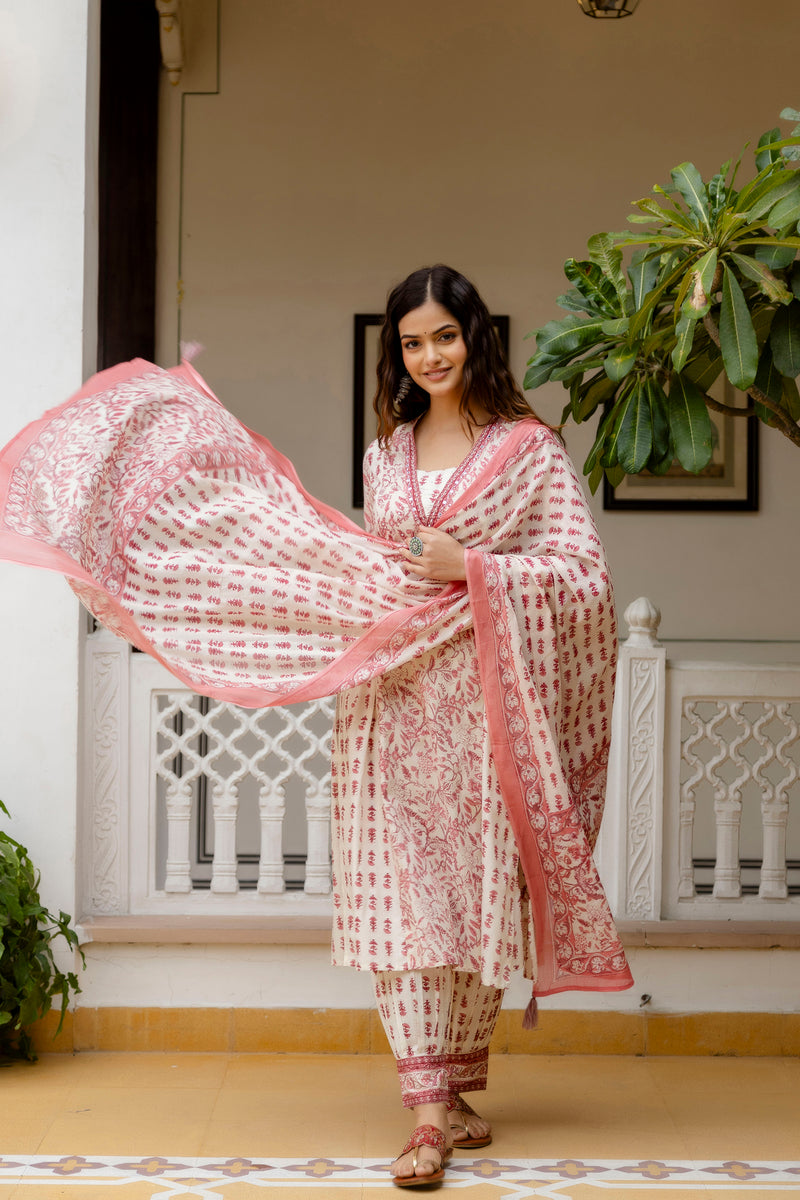 EthniFlair Ethnic Motifs Printed Empire Aari Work Kurta with Patiala & Dupatta