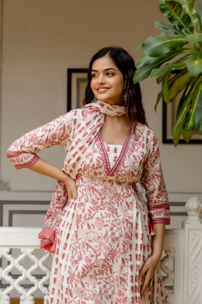 EthniFlair Ethnic Motifs Printed Empire Aari Work Kurta with Patiala & Dupatta