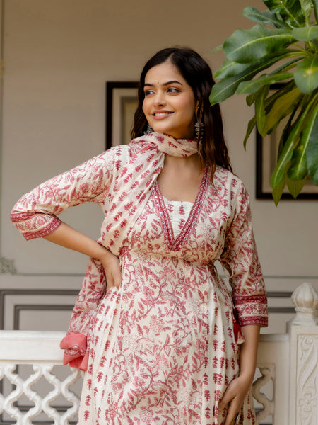 EthniFlair Ethnic Motifs Printed Empire Aari Work Kurta with Patiala & Dupatta