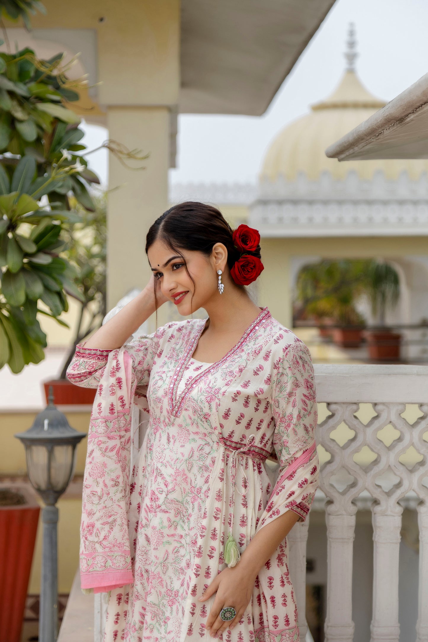 EthniFlair Women Floral Printed Empire Aari Work Pure Cotton Kurta with Patiala & With Dupatta