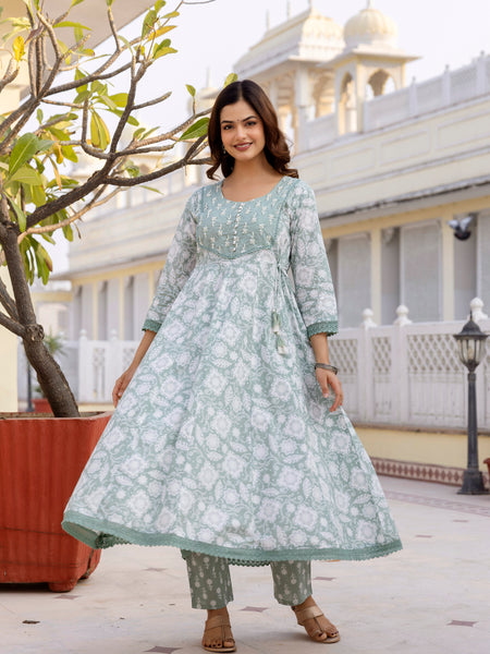 EthniFlair Floral Printed Round Neck Anarkali Kurta With Trousers And Dupatta