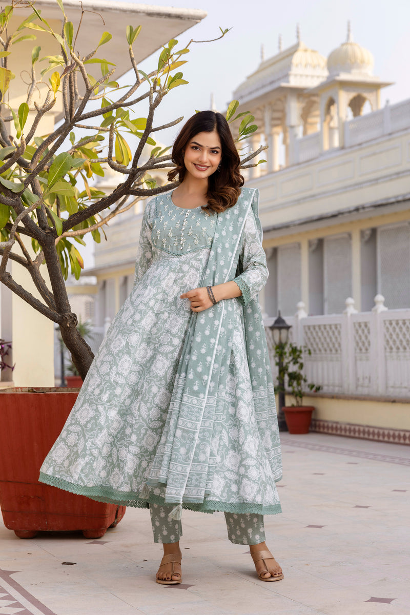 EthniFlair Floral Printed Round Neck Anarkali Kurta With Trousers And Dupatta