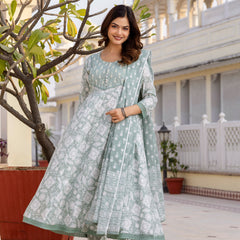 EthniFlair Floral Printed Round Neck Anarkali Kurta With Trousers And Dupatta