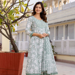 EthniFlair Floral Printed Round Neck Anarkali Kurta With Trousers And Dupatta