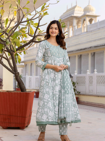 EthniFlair Floral Printed Round Neck Anarkali Kurta With Trousers And Dupatta