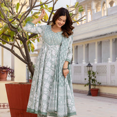 EthniFlair Floral Printed Round Neck Anarkali Kurta With Trousers And Dupatta