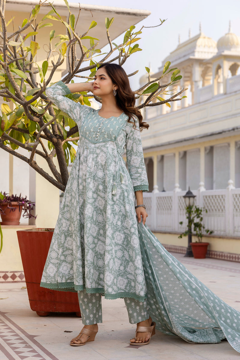 EthniFlair Floral Printed Round Neck Anarkali Kurta With Trousers And Dupatta