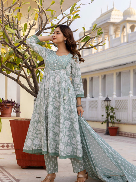 EthniFlair Floral Printed Round Neck Anarkali Kurta With Trousers And Dupatta