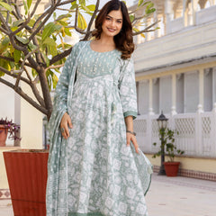 EthniFlair Floral Printed Round Neck Anarkali Kurta With Trousers And Dupatta