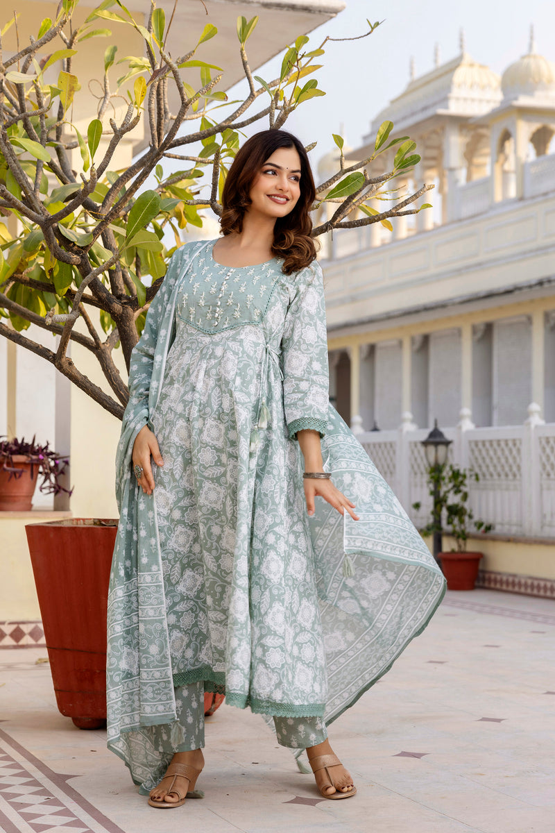 EthniFlair Floral Printed Round Neck Anarkali Kurta With Trousers And Dupatta