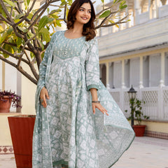 EthniFlair Floral Printed Round Neck Anarkali Kurta With Trousers And Dupatta