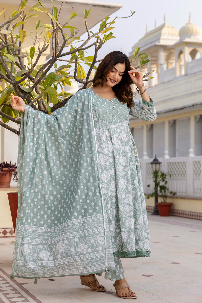 EthniFlair Floral Printed Round Neck Anarkali Kurta With Trousers And Dupatta