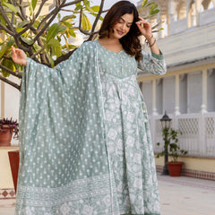 EthniFlair Floral Printed Round Neck Anarkali Kurta With Trousers And Dupatta