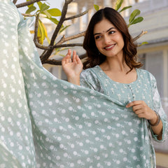 EthniFlair Floral Printed Round Neck Anarkali Kurta With Trousers And Dupatta