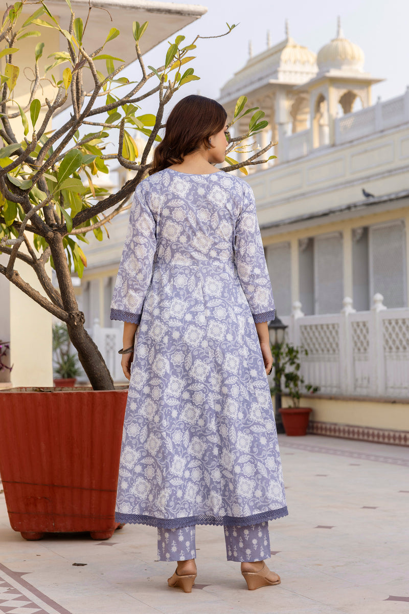 EthniFlair Floral Printed Round Neck Anarkali Kurta With Trousers And Dupatta