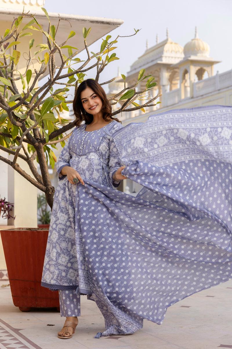 EthniFlair Floral Printed Round Neck Anarkali Kurta With Trousers And Dupatta