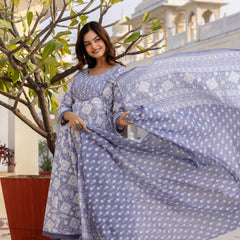 EthniFlair Floral Printed Round Neck Anarkali Kurta With Trousers And Dupatta
