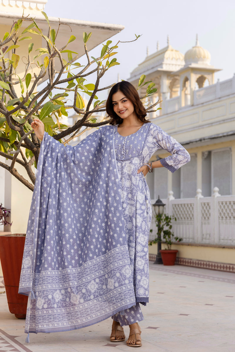 EthniFlair Floral Printed Round Neck Anarkali Kurta With Trousers And Dupatta