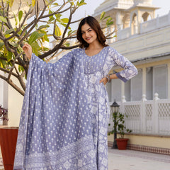 EthniFlair Floral Printed Round Neck Anarkali Kurta With Trousers And Dupatta