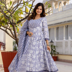 EthniFlair Floral Printed Round Neck Anarkali Kurta With Trousers And Dupatta