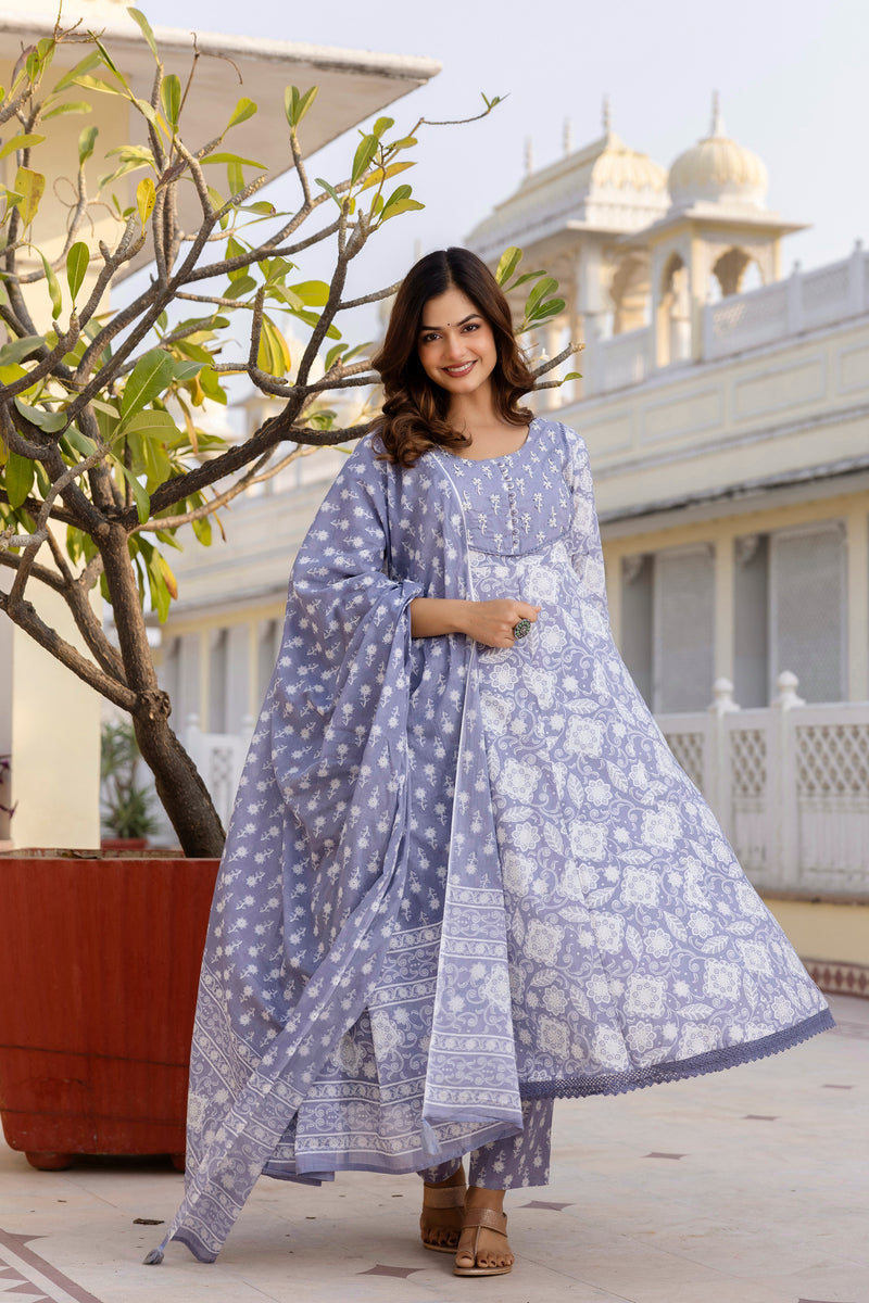 EthniFlair Floral Printed Round Neck Anarkali Kurta With Trousers And Dupatta