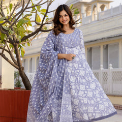 EthniFlair Floral Printed Round Neck Anarkali Kurta With Trousers And Dupatta