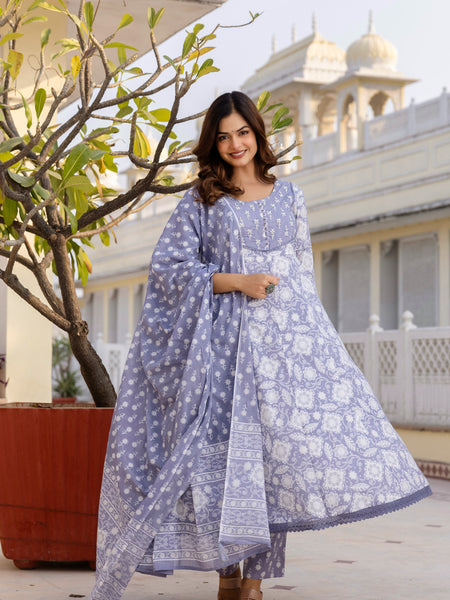 EthniFlair Floral Printed Round Neck Anarkali Kurta With Trousers And Dupatta