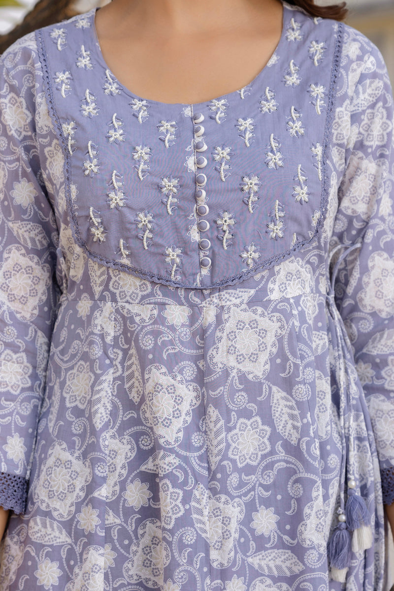 EthniFlair Floral Printed Round Neck Anarkali Kurta With Trousers And Dupatta