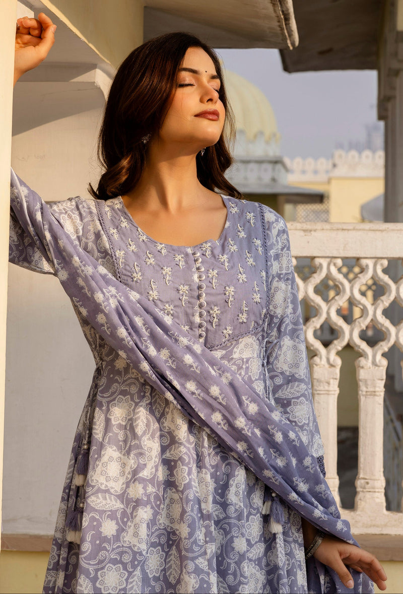 EthniFlair Floral Printed Round Neck Anarkali Kurta With Trousers And Dupatta