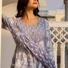 EthniFlair Floral Printed Round Neck Anarkali Kurta With Trousers And Dupatta