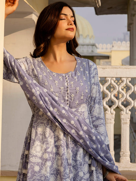EthniFlair Floral Printed Round Neck Anarkali Kurta With Trousers And Dupatta