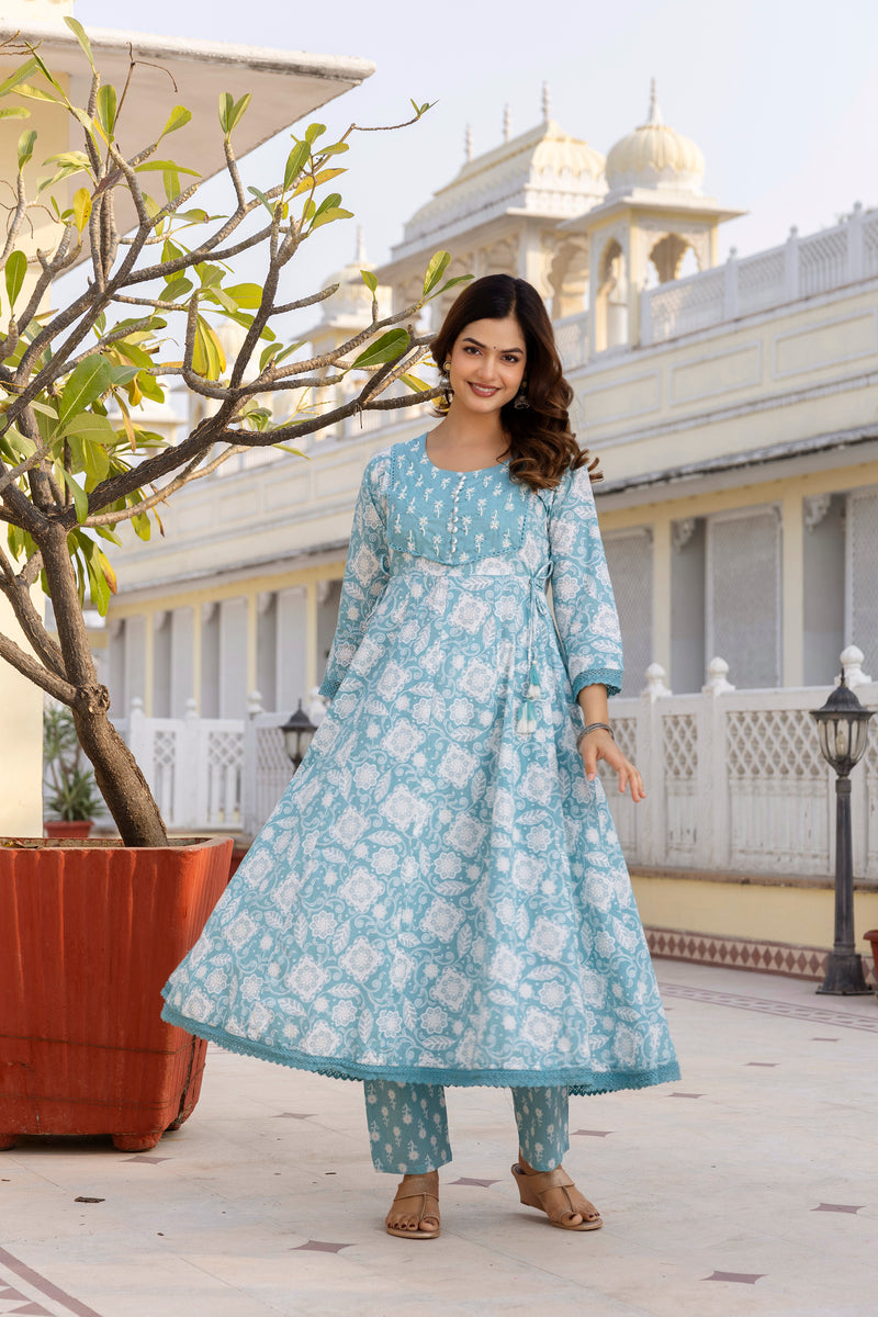 EthniFlair Floral Printed Round Neck Anarkali Kurta With Trousers And Dupatta