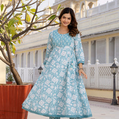 EthniFlair Floral Printed Round Neck Anarkali Kurta With Trousers And Dupatta