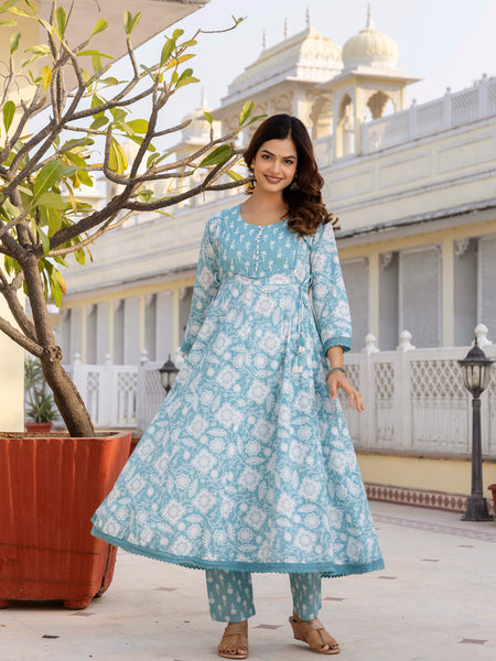 EthniFlair Floral Printed Round Neck Anarkali Kurta With Trousers And Dupatta