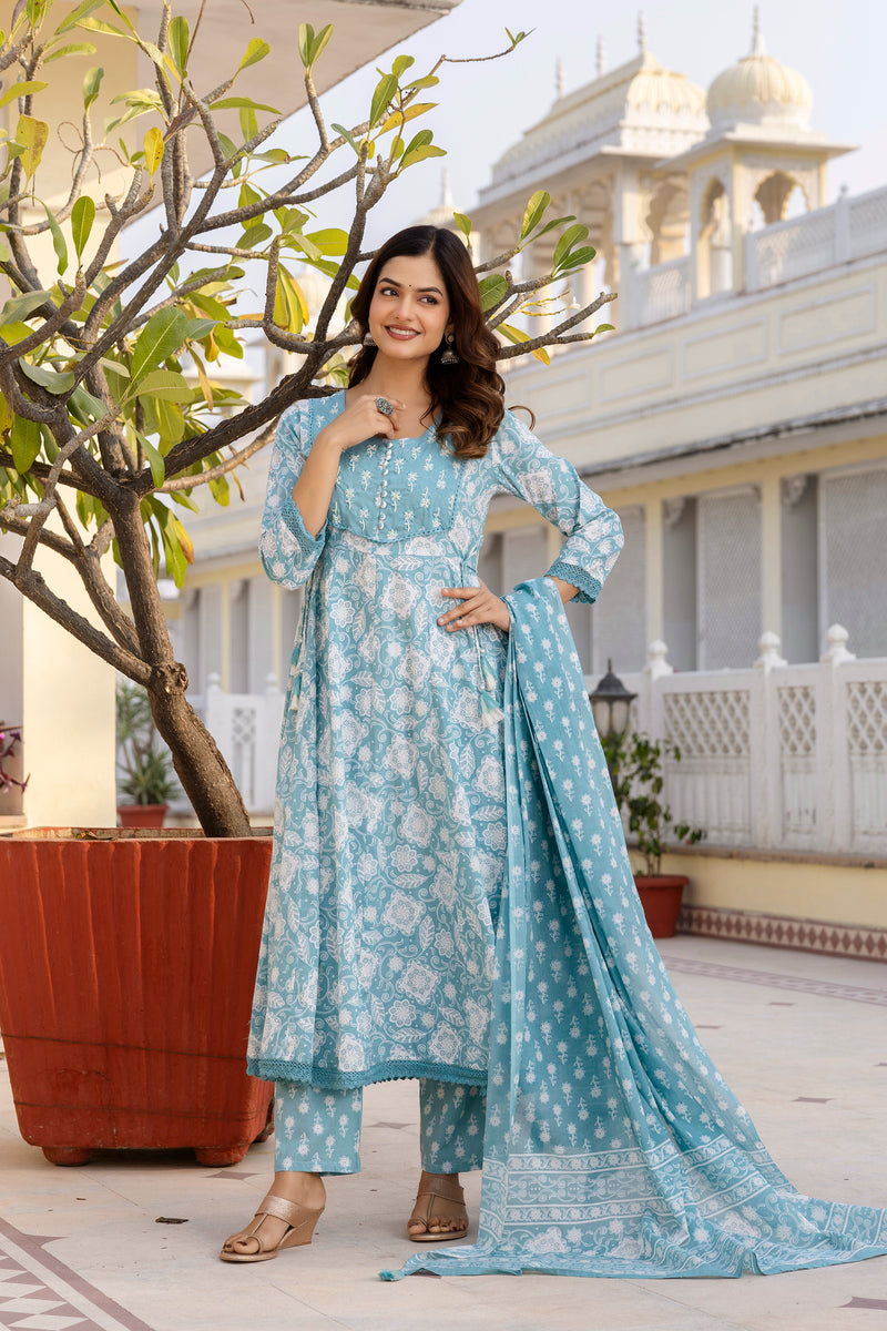 EthniFlair Floral Printed Round Neck Anarkali Kurta With Trousers And Dupatta
