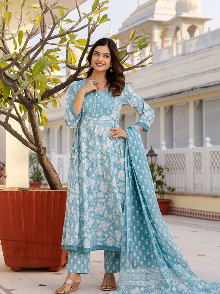 EthniFlair Floral Printed Round Neck Anarkali Kurta With Trousers And Dupatta