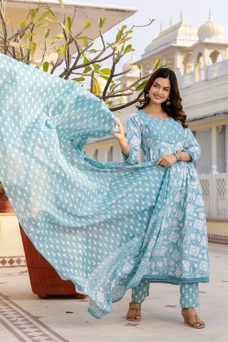 EthniFlair Floral Printed Round Neck Anarkali Kurta With Trousers And Dupatta