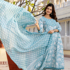 EthniFlair Floral Printed Round Neck Anarkali Kurta With Trousers And Dupatta