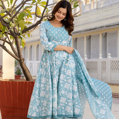 EthniFlair Floral Printed Round Neck Anarkali Kurta With Trousers And Dupatta
