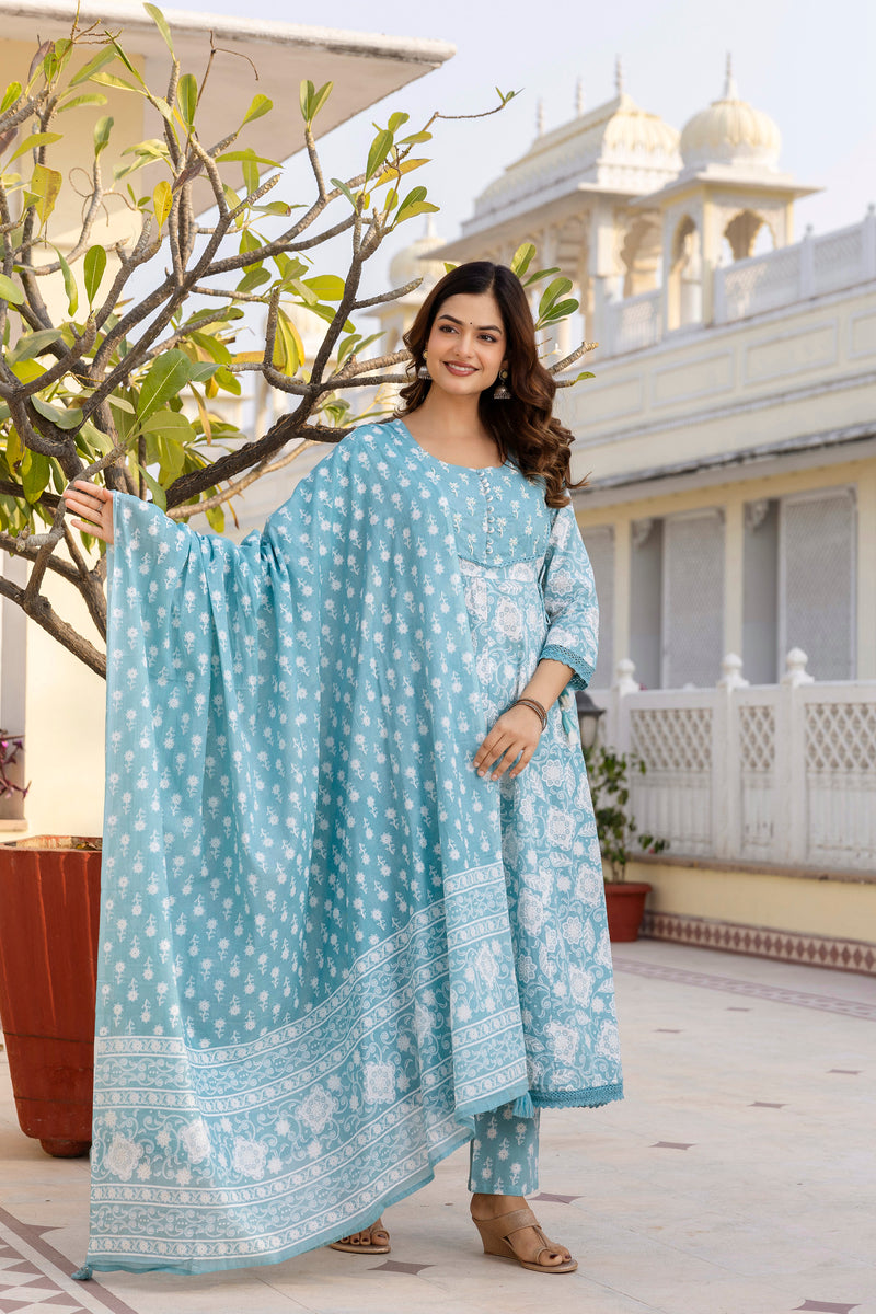 EthniFlair Floral Printed Round Neck Anarkali Kurta With Trousers And Dupatta