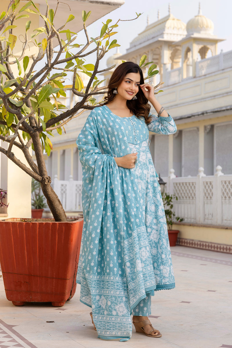 EthniFlair Floral Printed Round Neck Anarkali Kurta With Trousers And Dupatta