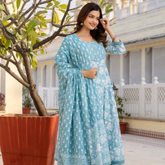 EthniFlair Floral Printed Round Neck Anarkali Kurta With Trousers And Dupatta