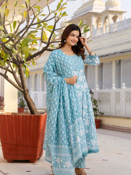 EthniFlair Floral Printed Round Neck Anarkali Kurta With Trousers And Dupatta