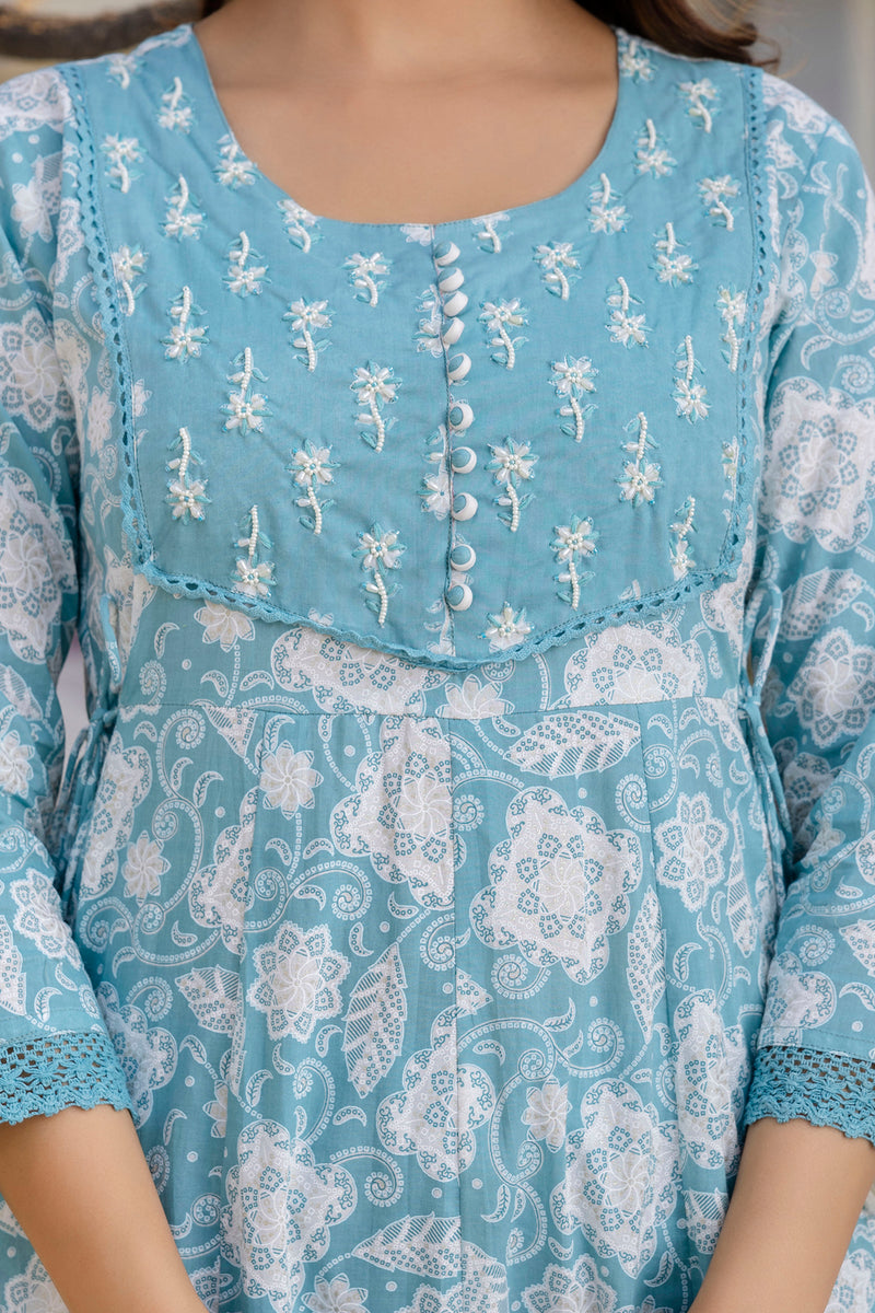 EthniFlair Floral Printed Round Neck Anarkali Kurta With Trousers And Dupatta