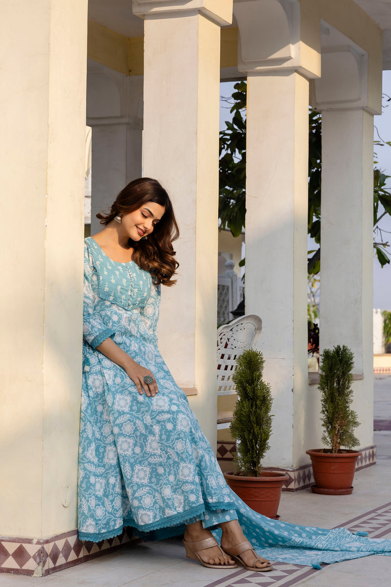 EthniFlair Floral Printed Round Neck Anarkali Kurta With Trousers And Dupatta