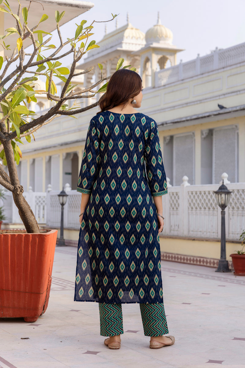EthniFlair Geometric Printed V-Neck Straight Kurta With Trousers And Dupatta