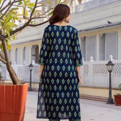 EthniFlair Geometric Printed V-Neck Straight Kurta With Trousers And Dupatta
