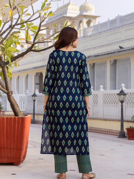 EthniFlair Geometric Printed V-Neck Straight Kurta With Trousers And Dupatta