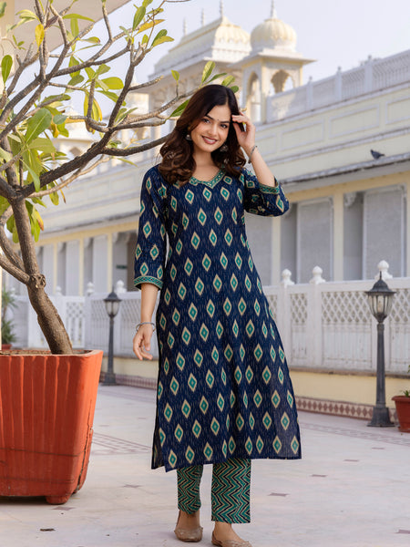 EthniFlair Geometric Printed V-Neck Straight Kurta With Trousers And Dupatta